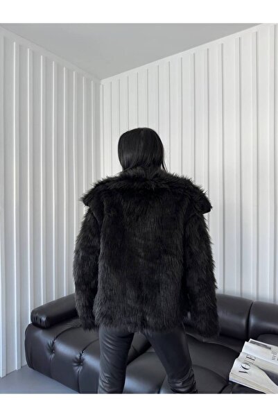 asyadabutik Palton de blană artificială premium cu design cu guler șal pentru femei