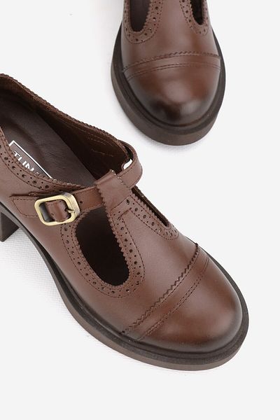 TUNAELLİ Women's Brown Genuine Natural Leather Number 36-41 Ankle Strap Shoes