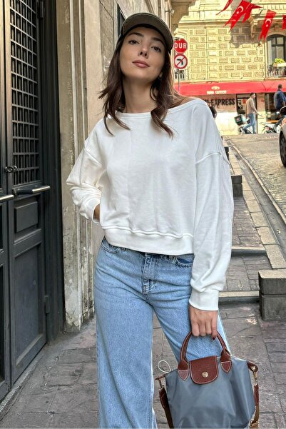 Madmext Ecru Boat Neck Women's Sweatshirt Mg2208