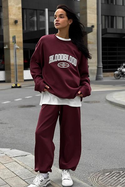 Madmext Claret Red Crew Neck Bottom Top Tracksuit Set Mg2213