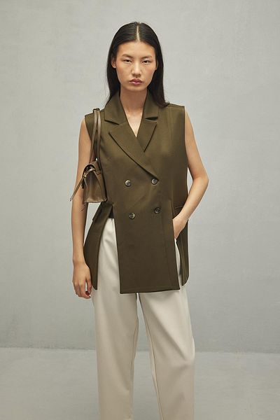 Fahhar Khaki Women's Vest - Slit Detail