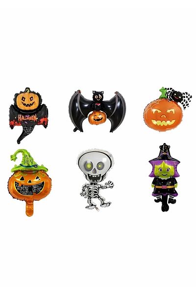PARTİAVM Halloween Mini Set - 6 Pieces 40 cm Foil Balloons, Bat Pumpkin Decor Ghost