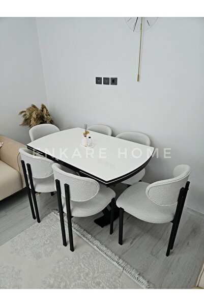 Enkare X Ayaklı Beyaz Masa Teddy Badem Sandalye Takımı, Mdf Açılabilir Mutfak...