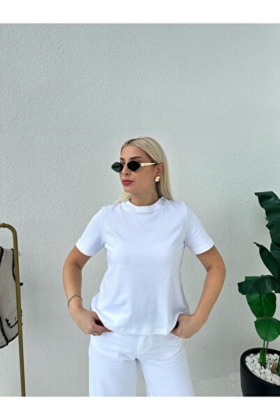AYFER AYVAZ Beyzing Basic Bisiklet Yaka Pamuklu Beyaz Kadın Tshirt