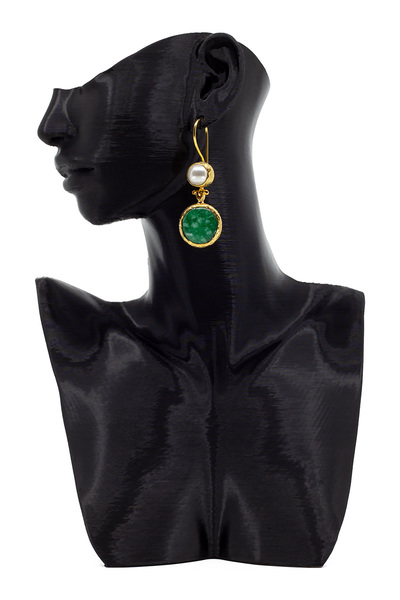 Moramar Açık Yeşil, Akik Taşlı İnci Küpe, 22K Altın Kaplama