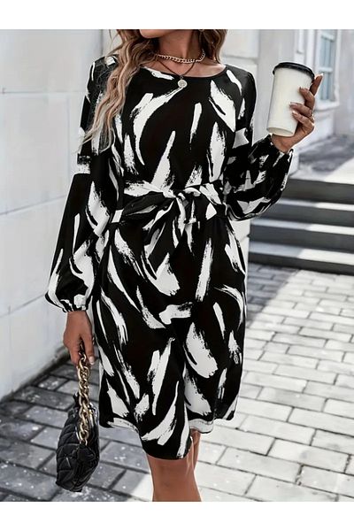 İpeksi Silky Women's Long Sleeve Round Neck Waist Belted Ready Made Patterned Midi Crepe Dress