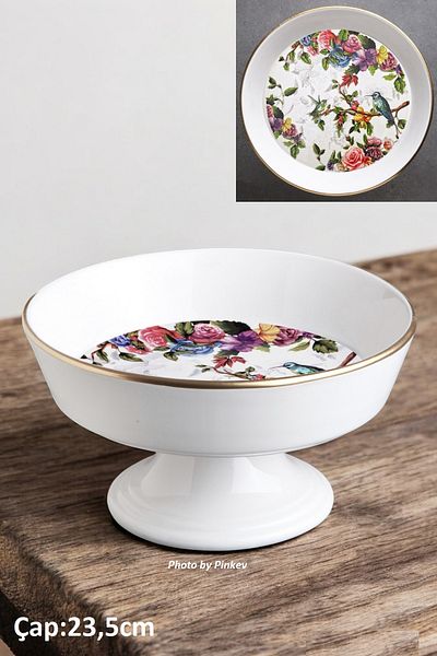 Pinkev Flora Ceramic Footed Fruit Bowl Salad Bowl Presentation Plate - 23.5cm