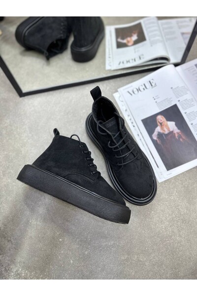 DABAB AYAKKABI Mary Black Black Suede Comfortable Sheepskin Thick Soled Daily Boots
