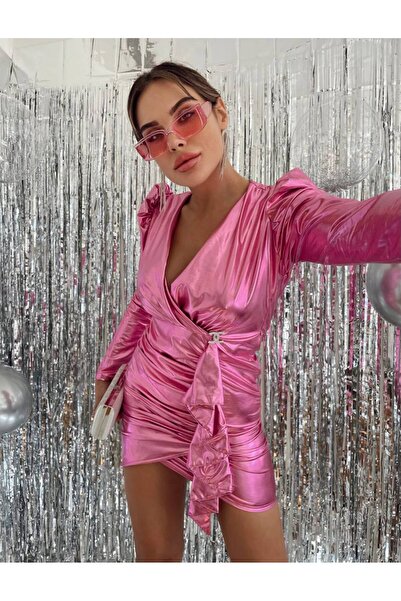 1Moda1Tarz Γυναικείο Μίνι Φόρεμα με ροζ λαμέ υφασμάτινη επένδυση με λεπτομέρεια σχεδίασης