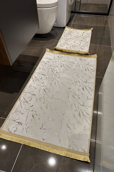 CENTER AVM Απορροφητικό χαλάκι μπάνιου με σφουγγάρι που πλένεται στο πλυντήριο Λευκό χρυσό ασημί σετ μπάνιου