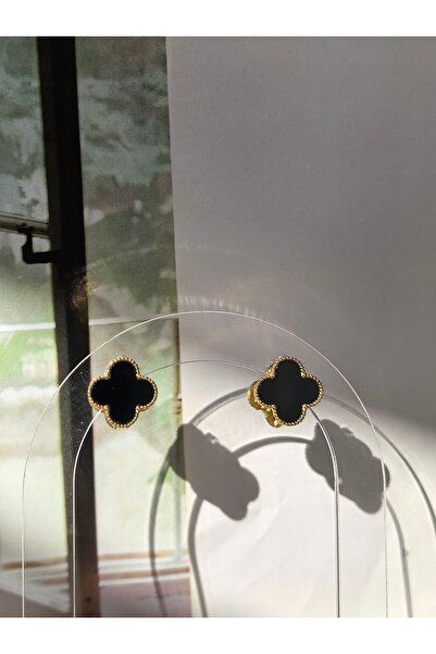 Öyküm accesory Çift Taraflı Zirkon Taş ve Siyah Mineli Marka Yonca Model Küpe