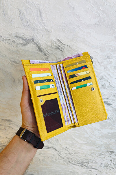 derius Sarı El Geçmeli Fermuarlı Hakiki Deri Dikey Kişiye Özel Büyük Kadın Cüzdanı(Bozuk Para Bölmeli)