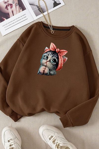 Moda Glo Unisex Cute Cat Printed Crew Neck Βαμβακερό φούτερ