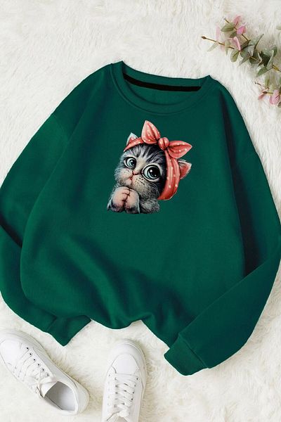 Moda Glo Unisex Cute Cat Printed Crew Neck Βαμβακερό φούτερ