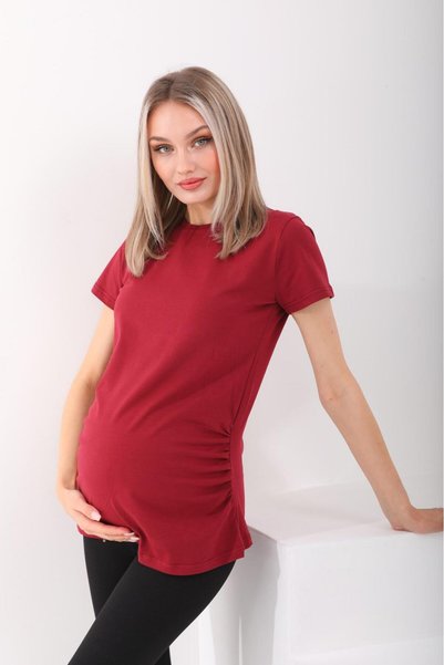 BIG LESSON Maternity Burgundy Crew Neck Short Sleeve 100% Cotton T-Shirt