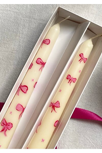 Hatice sakallı design 2 Adet pembe Fiyonk el boyama şamdan mum fiyonk mum