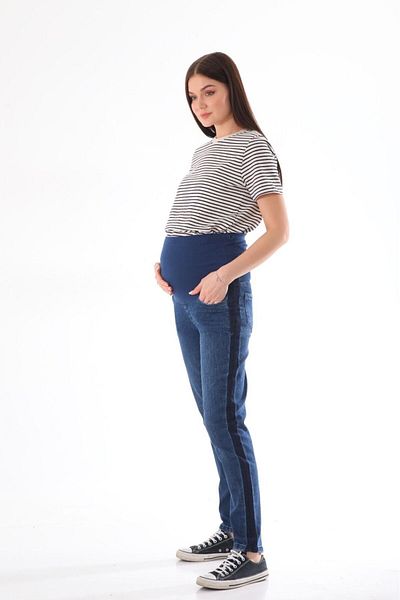 BIG LESSON Pantaloni elastici pentru burtă pentru gravidă, cu bandă în talie, cu detaliu lateral reglabil, blugi Mom Fit, bleumarin