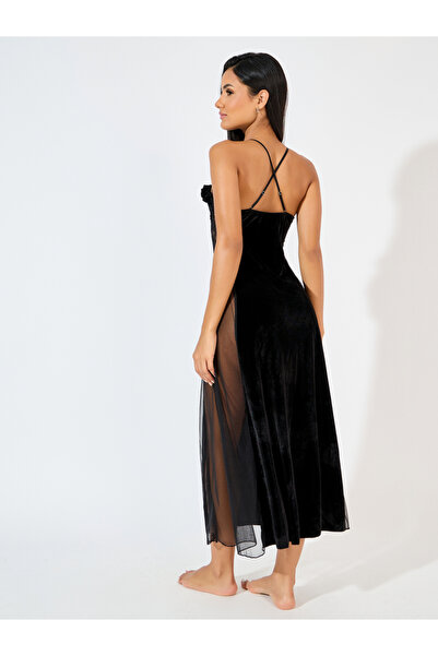 Styli Ruffle Edge Apex Strap Bow Detail Velvet & Mesh Front Slit Maxi Babydoll