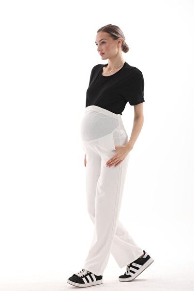BIG LESSON Flexible and Adjustable Waist White Gabardine Trousers - Pregnant