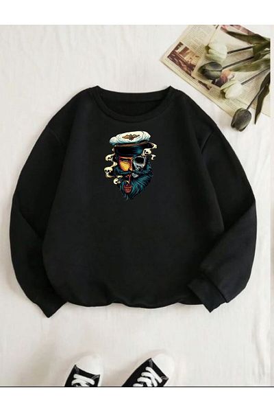Moda Glo Унисекс памучен суитшърт с щампа на котка и кръгло деколте