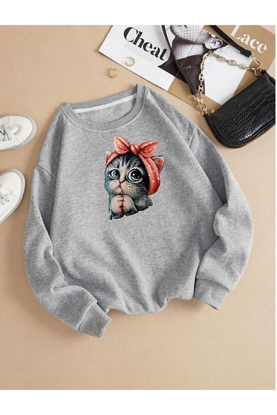 Moda Glo Унисекс памучен суитшърт с кръгло деколте и сладък котешки щамп