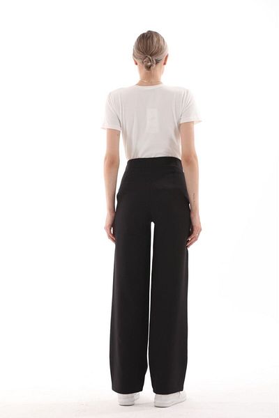 BIG LESSON Maternity Stretchy Tummy Banded Waist Adjustable Wide Leg Gabardine Pants Black