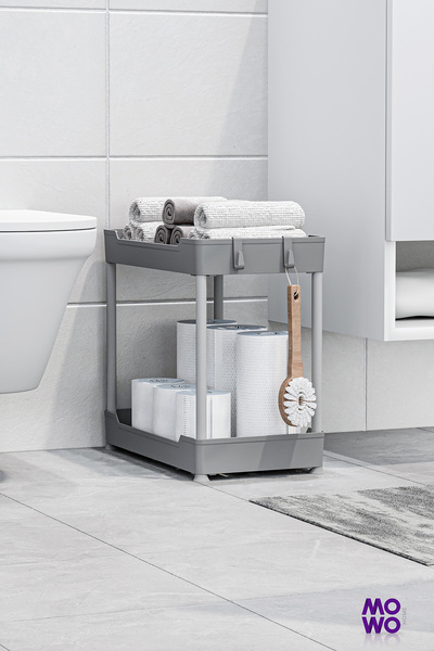 Mowo Home Gri 2 Katlı Düzenleyici Mutfak Rafı Banyo Rafı, Dolap Tezgah Altı Evye Altı Deterjanlık