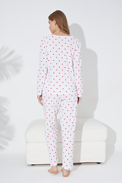 Siyah İnci Beyaz Kırmızı Kalp ve Puan Desenli Örme Pijama Takım 7792