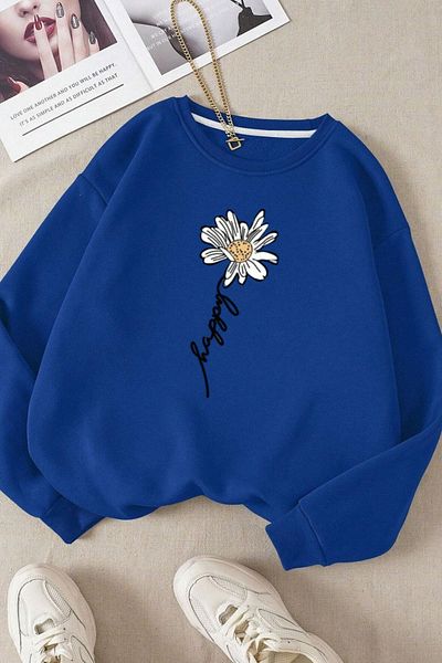 Moda Glo Унисекс памучен суичър с кръгло деколте с щампа на маргаритки