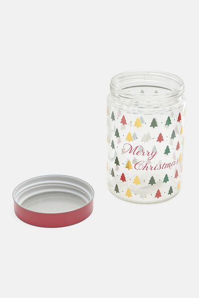 American Atelier Merry Christmas Round Glass Canister 44 Oz, Transparent
