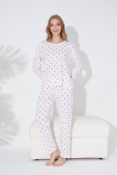 Siyah İnci Heart and Point Patterned White Red Knitted Pajama Set - 7792