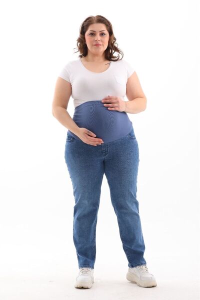 BIG LESSON Hamile Büyük Beden Esnek Karın Bantlı Beli Ayarlanabilir Mom Fit Normal Paça Kot Pantolon Lacivert