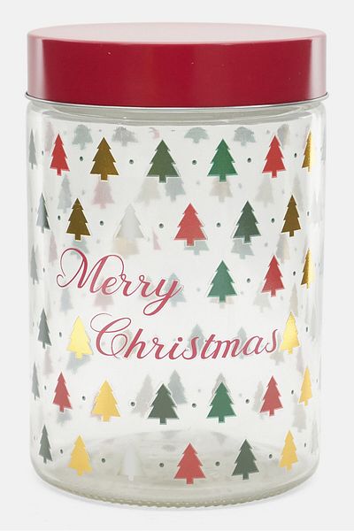 American Atelier Merry Christmas Round Glass Canister 44 Oz, Transparent