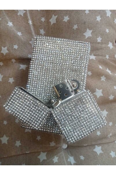 NESGIFT Gümüş Taşlı Kısa Kalın Sigara Kutusu ve Zippo Çakmak