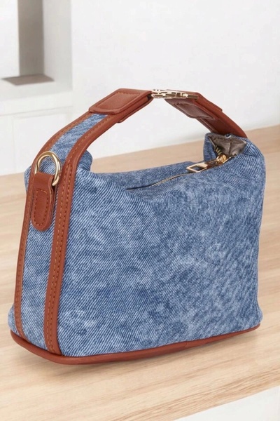 Glemix Toile Taba Detaylı Kot Kanvas Çift Askılı Kadın El Kol Ve Omuz Çantası