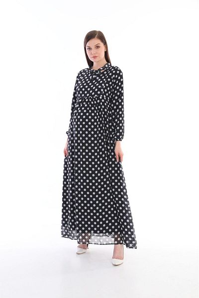 BIG LESSON Rochie maxi hijab din șifon neagră - fermoar ascuns, secțiune de iarnă pentru alăptare, șireturi în talie, buline