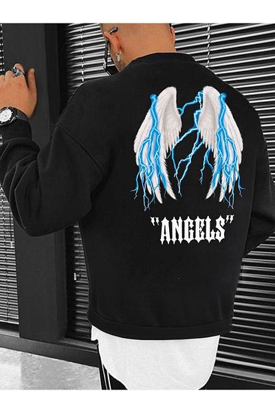 Moda Glo Hanorac unisex cu imprimeu cu aripi fulger albastru scris Angel