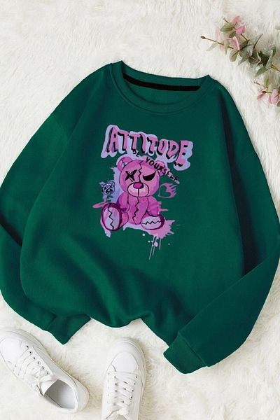 Moda Glo Унисекс памучен суитшърт с щампа Attitude и кръгло деколте
