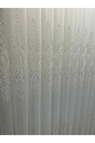 NİVEMESHOME Nivemeshome 4529 - Karel Gold Detailed, 1/3 Tight Pleated Tulle Curtain