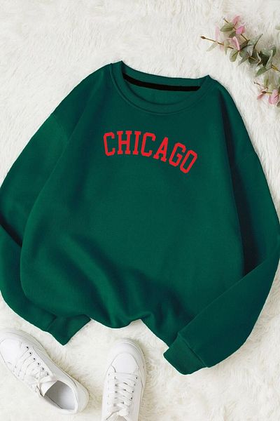 Moda Glo Унисекс памучен суитшърт с щампа Chicago и кръгло деколте