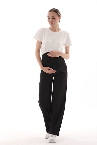 BIG LESSON Maternity Stretchy Tummy Banded Waist Adjustable Wide Leg Gabardine Pants Black