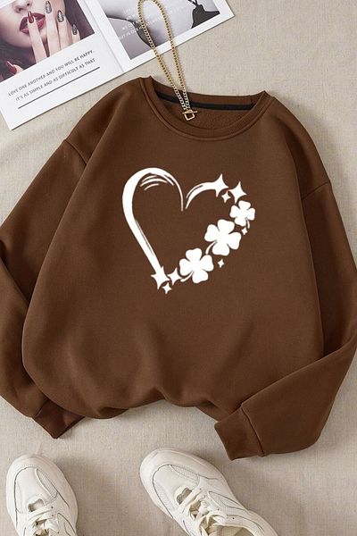 Moda Glo Βαμβακερό φούτερ Unisex Oversize Heart Printed Crew Neck