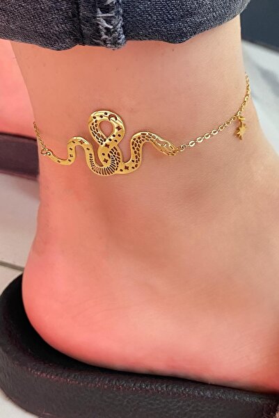 TAKIŞTIR Gold Color Snake Figured Steel Anklet