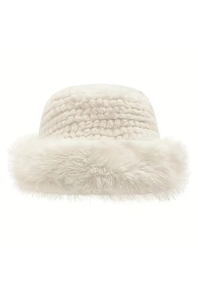 MARBERRY Ecru Faux Fur Plush Heart Women's Hat