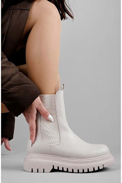 KOCAMANLAR Feles Kadın Kalın ve Yüksek Taban Elastik Chelsea Günlük Bot Kadın Bot BEJ