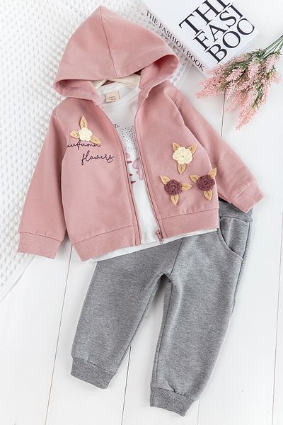 Babymod Set 3 bucăți cardigan cu glugă cu motive florale pentru fete