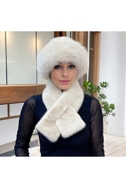 BALIENTE Beige Faux Fur Plush Neck Collar & Heart Hat Set of 2