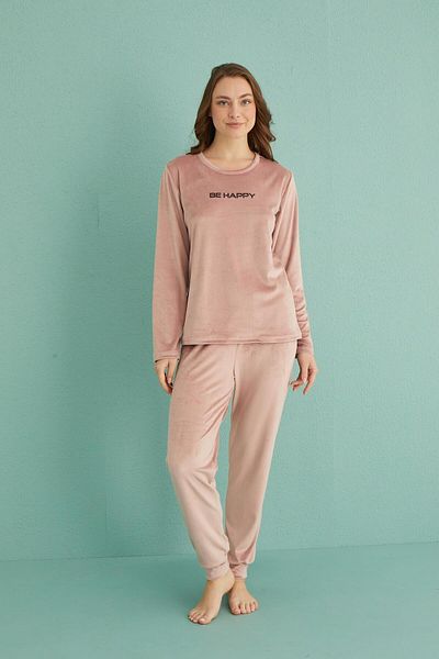 gd goldoremi 13165-9 Women's Be Happy Velvet Cuffed Pajama Set
