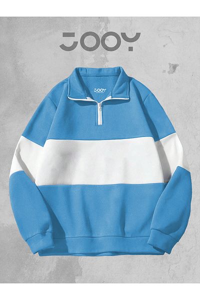 Jooy Company Hanorac unisex, albastru, alb, dintr-o bucată, cu jumătate de fermoar, cu 3 fire