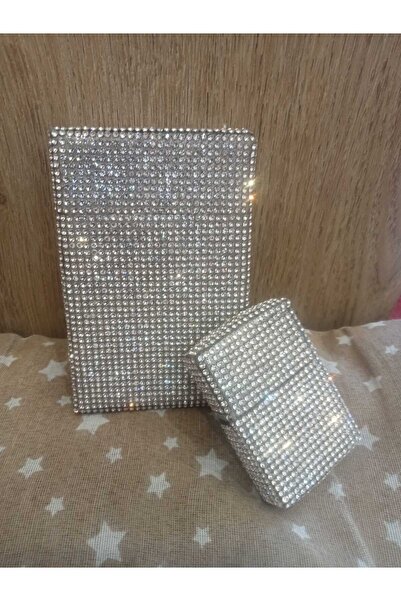 NESGIFT Gümüş Taşlı Slim (İnce) Kısa Sigara Kutusu ve Zippo Çakmak
